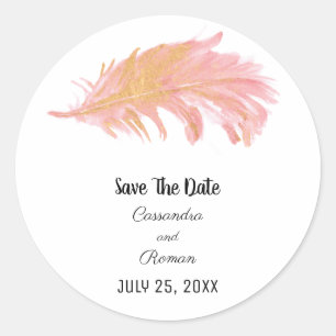 Pink and Gold Feather Save The Date Classic Round Sticker