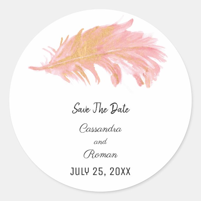 Pink and Gold Feather Save The Date Classic Round Sticker (Front)