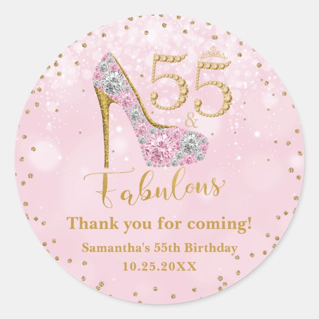 Pink and Gold Fifty Five & Fabulous 55th Birthday Classic Round Sticker (Front)