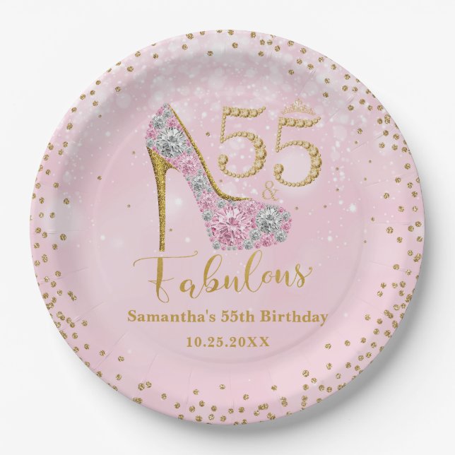 Pink and Gold Fifty Five & Fabulous 55th Birthday Paper Plate (Front)