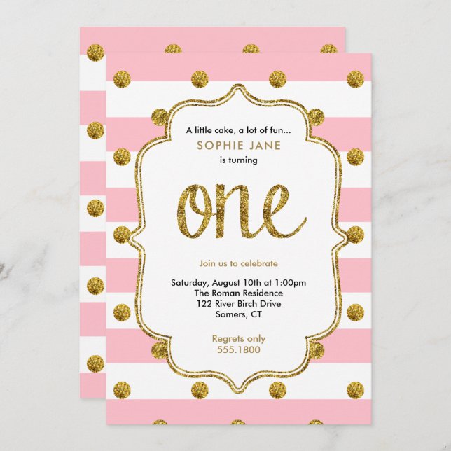 Pink and Gold First Birthday Glitter Invitation (Front/Back)