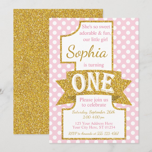 Pink and Gold First Birthday Invitation (Front/Back)