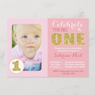 Pink and Gold First Birthday Party Invitation