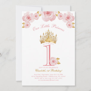 Pink and Gold First Birthday Princess Fairytale  Invitation