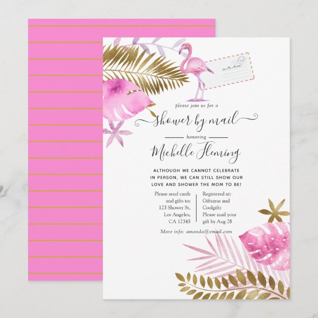 Pink and Gold Flamingo Girl Baby Shower by Mail Invitation (Front/Back)