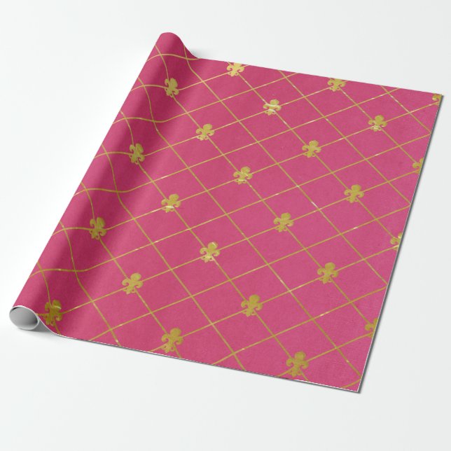 Pink and Gold. Fleur de Lis. Wrapping Paper (Unrolled)