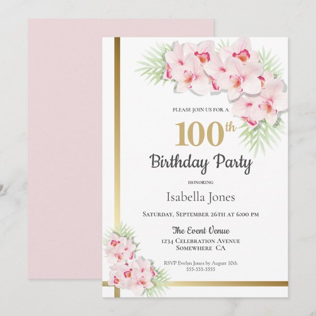 Pink and Gold Floral 100th Birthday Party Invitation (Front/Back)