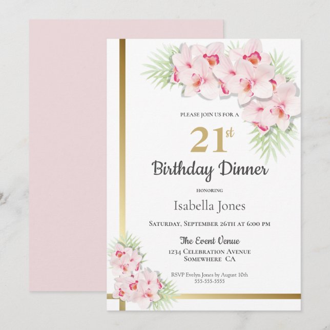 Pink and Gold Floral 21st Birthday Dinner Party Invitation (Front/Back)