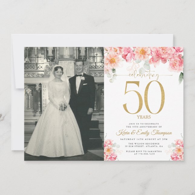 Pink and Gold Floral 50th Anniversary  Invitation (Front)