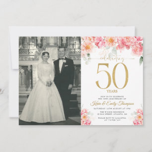Pink and Gold Floral 50th Anniversary Invitation