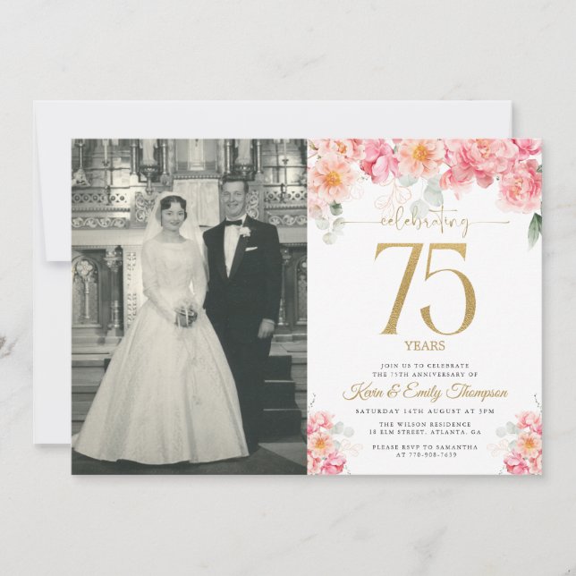 Pink and Gold Floral 75th Anniversary  Invitation (Front)