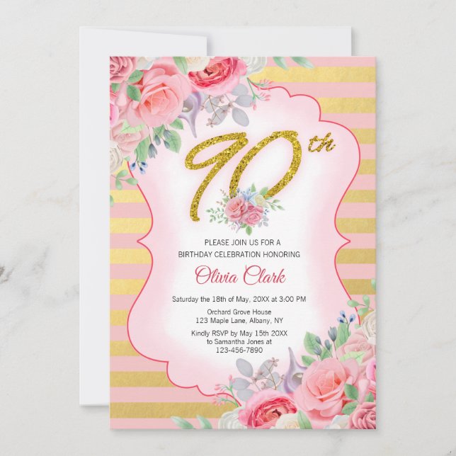 Pink and Gold Floral 90th Birthday Invitation (Front)
