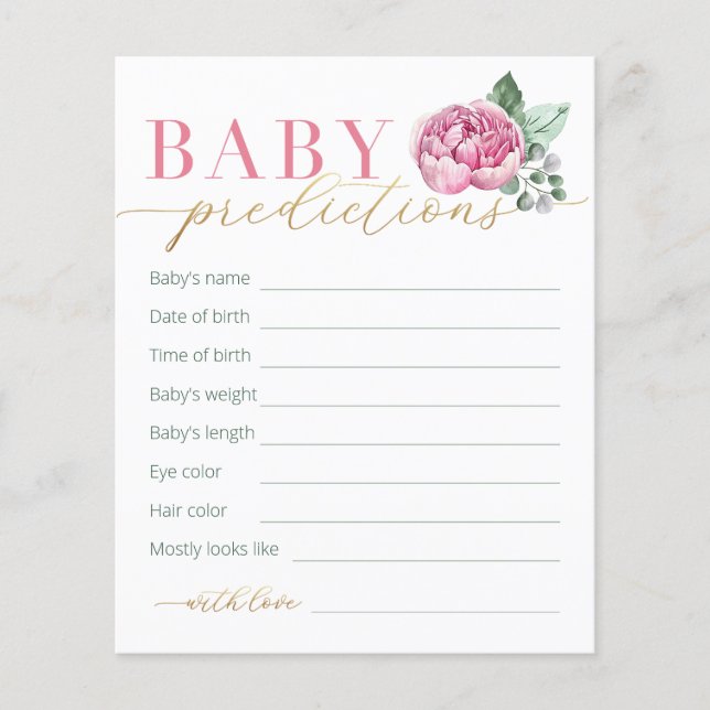 Pink and Gold Floral Baby Predictions and Wishes C (Front)