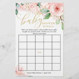 Pink and Gold Floral Baby Shower Bingo Game Card