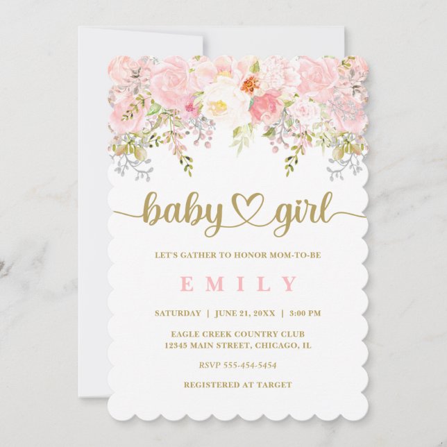 Pink and Gold Floral Baby Shower Invitation Girl (Front)