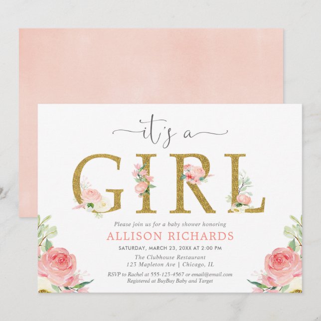 Pink and gold floral baby shower, It's a girl Invitation (Front/Back)