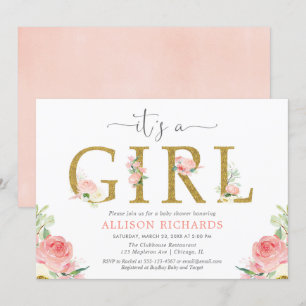 Pink and gold floral baby shower, It's a girl Invitation