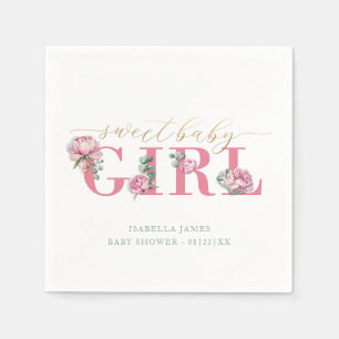 Pink and Gold Floral Baby Shower Napkins for a Swe
