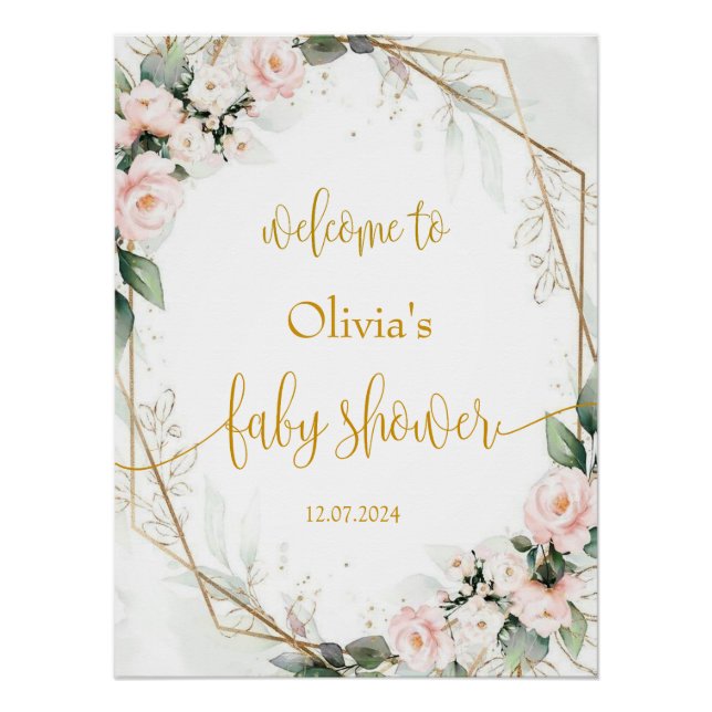 Pink and Gold Floral Baby Shower Welcome Sign (Front)