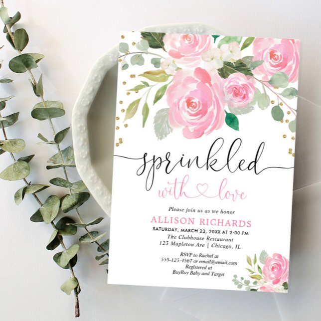 Pink and gold floral baby sprinkle girl invitation (Creator Uploaded)