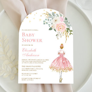 Pink and Gold Floral Ballerina Arch Baby Shower Invitation