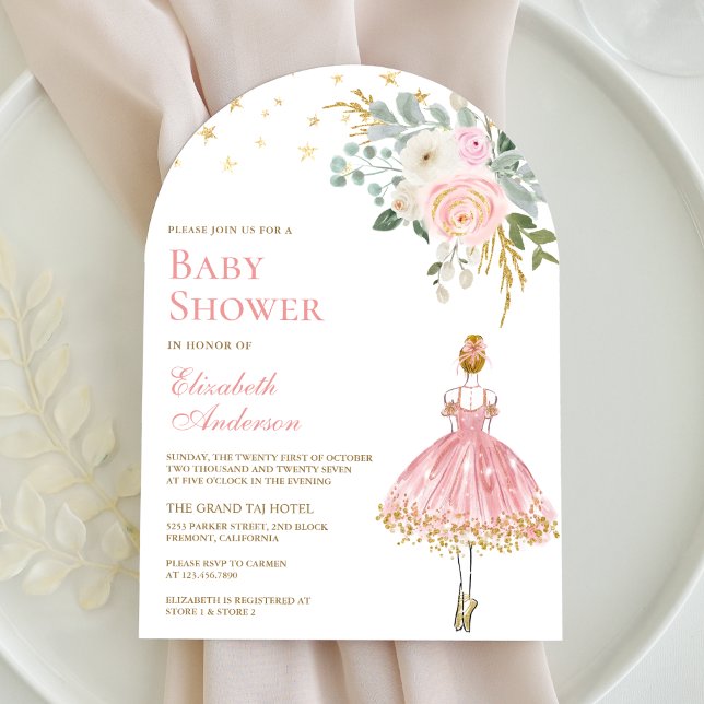 Pink and Gold Floral Ballerina Arch Baby Shower Invitation (Creator Uploaded)