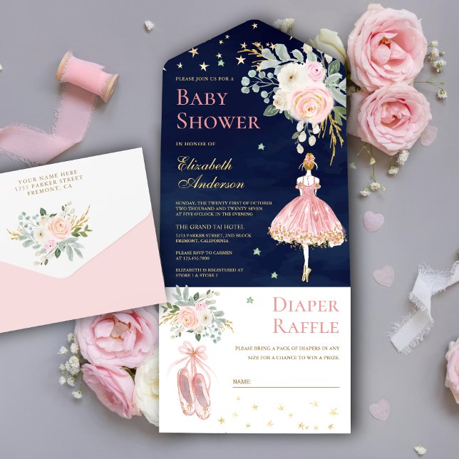 Pink and Gold Floral Ballerina Navy Baby Shower All In One Invitation (Creator Uploaded)