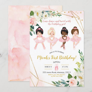 Pink and Gold Floral Ballet Girl Birthday Invitation
