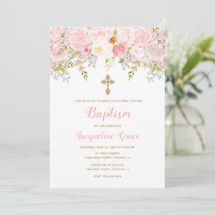 Pink and Gold Floral Baptism Invitation Girl