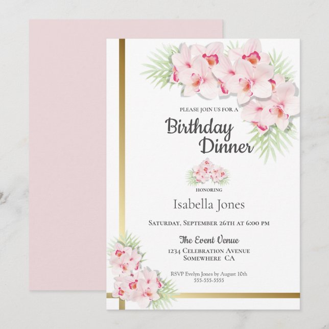 Pink and Gold Floral Birthday Dinner Party Invitation (Front/Back)