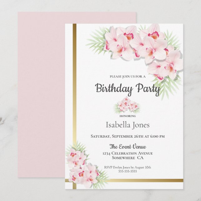Pink and Gold Floral Birthday Party Invitation (Front/Back)