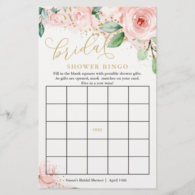 Pink and Gold Floral Bridal Bingo Game Card (Front)