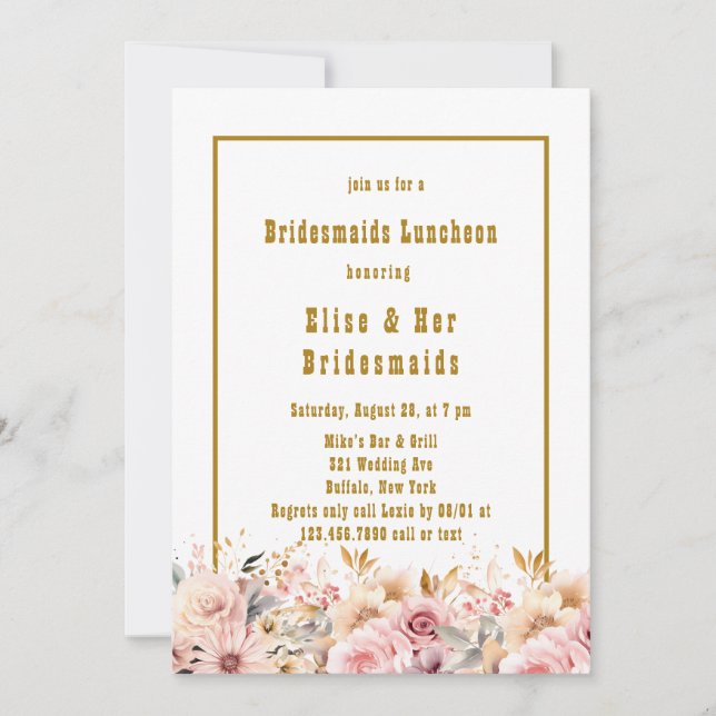 Pink and Gold Floral Bridesmaids Luncheon Invitation (Front)