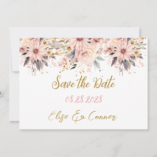 Pink and Gold Floral Butterfly Save the Date Cards (Front)