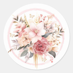 Pink and Gold Floral Butterfly Wedding Classic Round Sticker