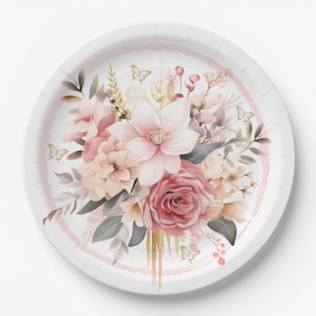 Pink and Gold Floral Butterfly Wedding Paper Plate (Front)