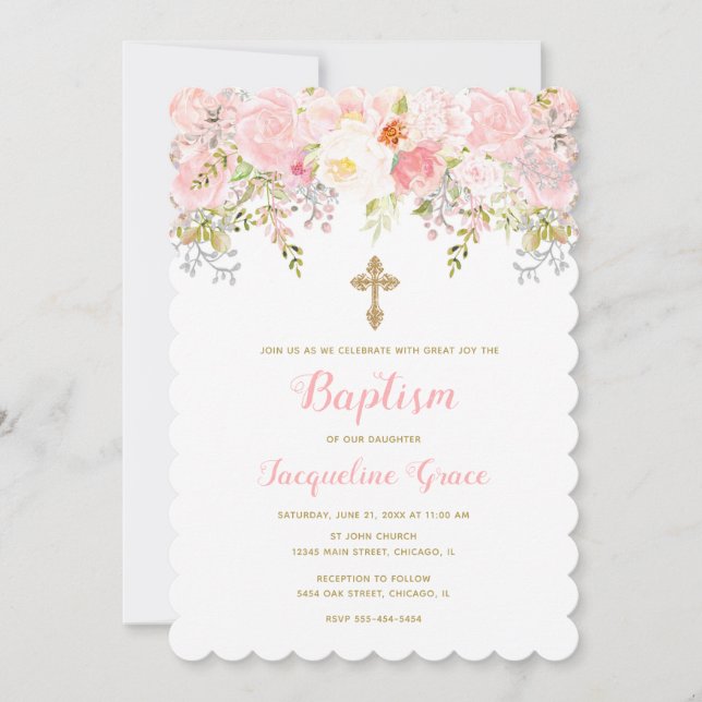 Pink and Gold Floral Communion Invitation Girl (Front)