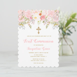 Pink and Gold Floral Communion Invitation Girl