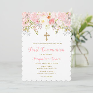 Pink and Gold Floral Communion Invitation Girl