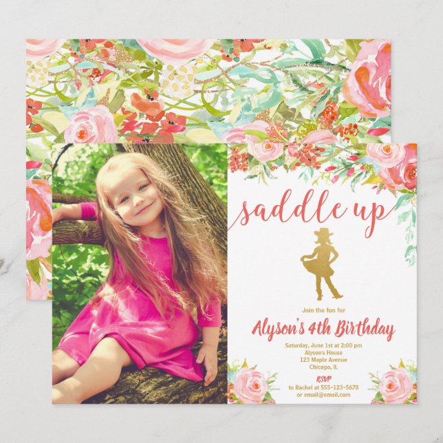 Pink and gold floral cowboy girl birthday photo invitation (Front/Back)