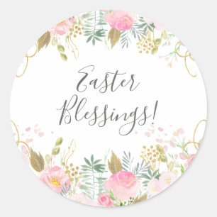 Pink and Gold Floral Easter Classic Round Sticker