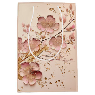 Pink and Gold Floral Elegant Minimalist Medium Gift Bag