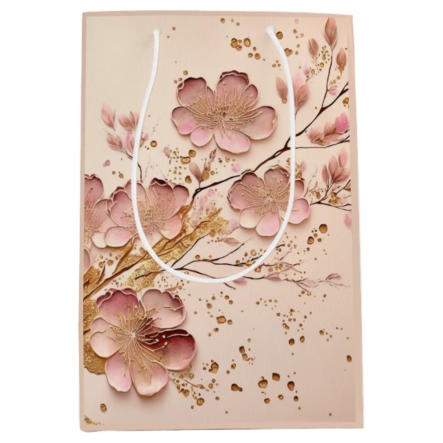 Pink and Gold Floral Elegant Minimalist Medium Gift Bag (Front)