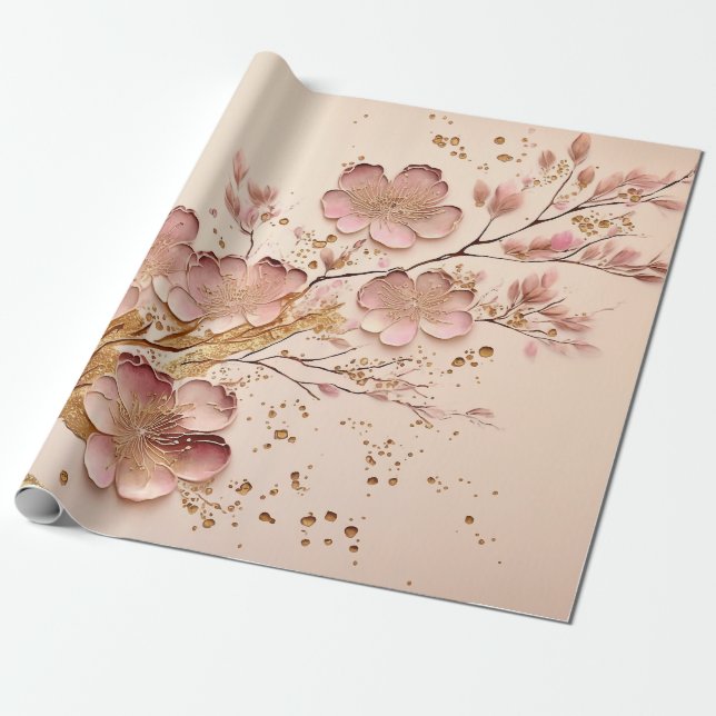 Pink and Gold Floral Elegant Minimalist Wrapping Paper (Unrolled)