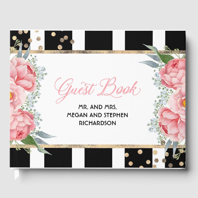 Pink and Gold Floral Elegant Peony Wedding Guest Book (Front)