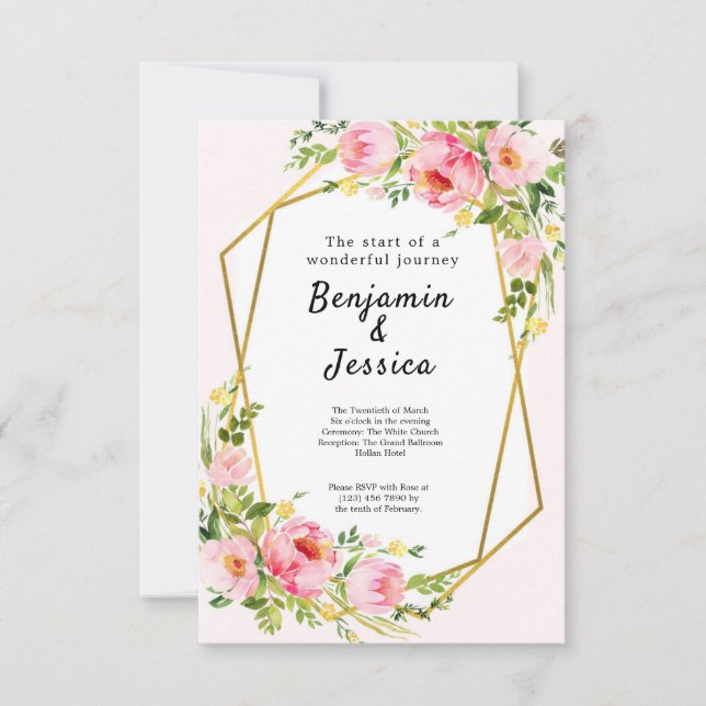 Pink and Gold Floral Geometric Wedding Invitation (Front)