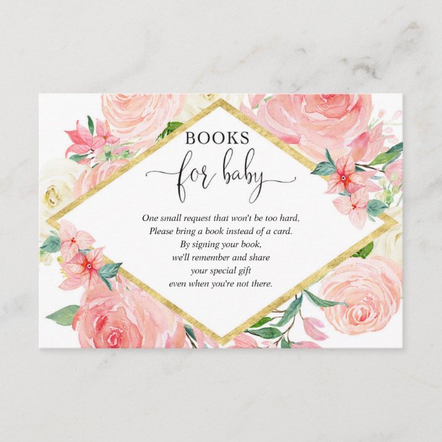 Pink and gold floral girl baby shower book request enclosure card (Front)