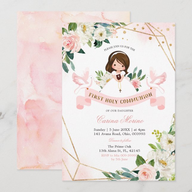Pink and Gold Floral Girl First Holy Communion Invitation (Front/Back)
