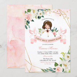 Pink and Gold Floral Girl First Holy Communion Invitation