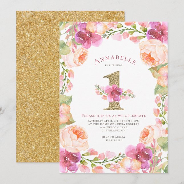 Pink and Gold Floral Girls 1st Birthday Party Invitation (Front/Back)
